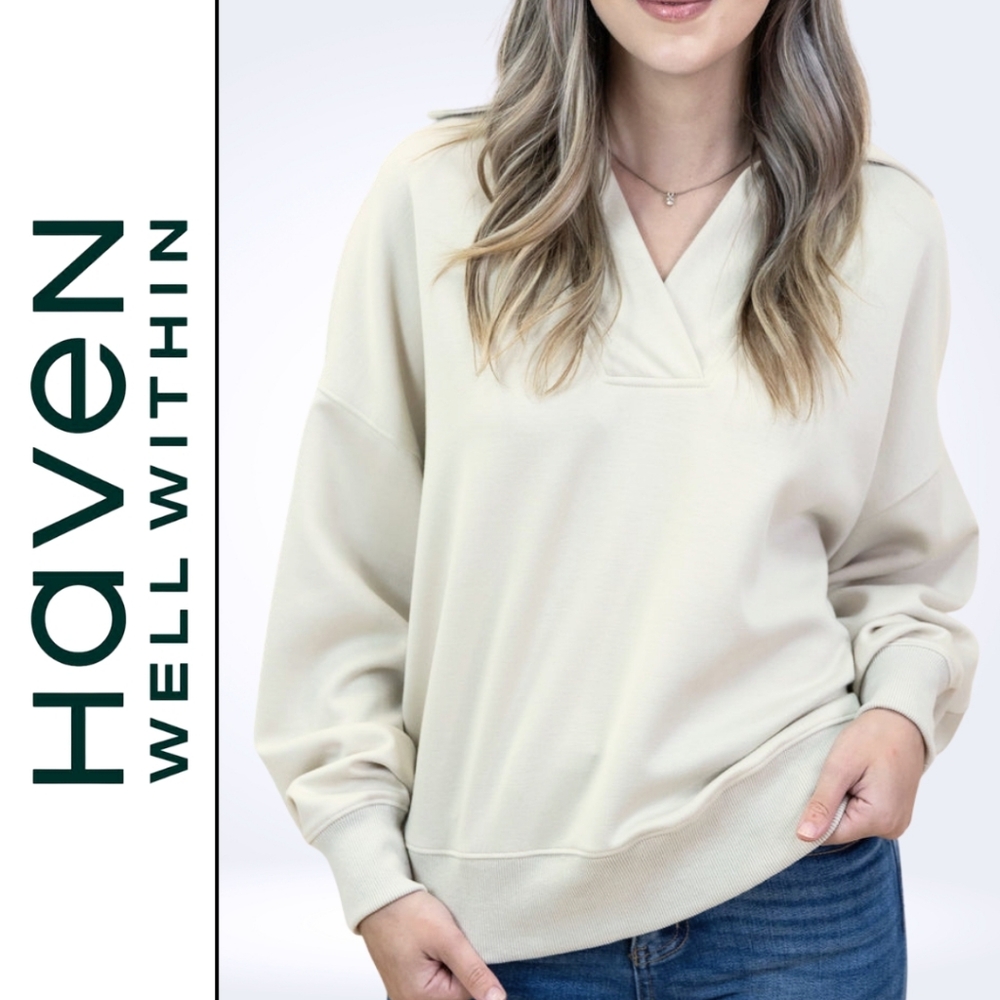 HAVEN Well Within Women's Sweater Solid Cream/Ivory V-Neck Sweatshirt Top Size L